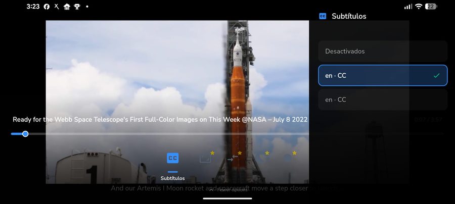 AXOM Player subtitles menu on Android (landscape)